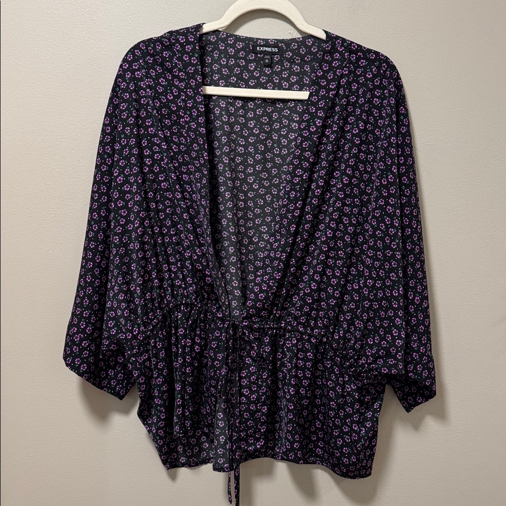 Express Black and Purple Floral Wrap Kimono Style Top